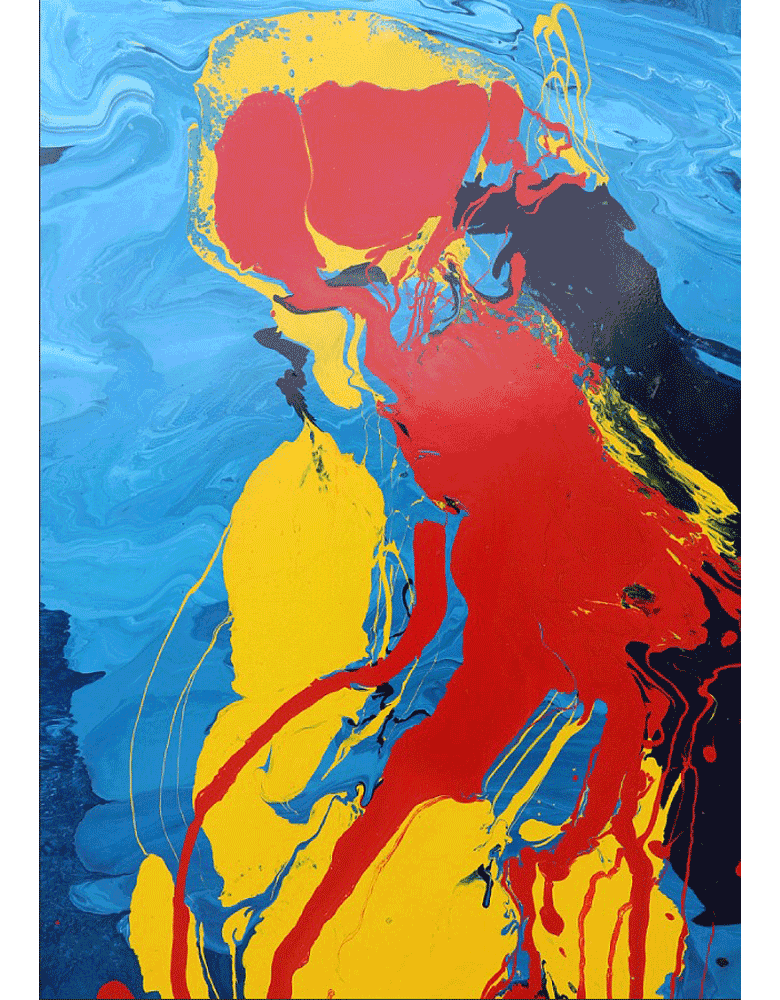 "Dance of Fire and Sky" abstract oil painting by Abbas Ghadyani, featuring bold streams of red, yellow, and blue that symbolize the cosmic encounter of fire and sky on a 60×90 cm canvas.
