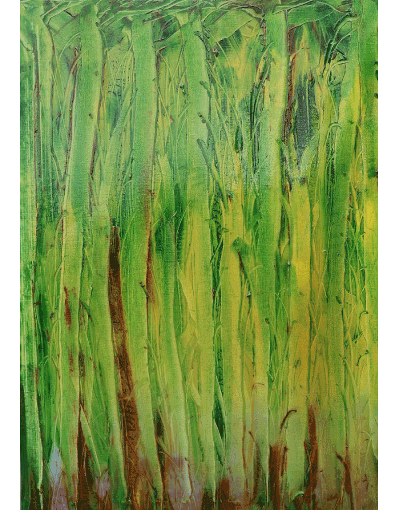 "Deep Forest" abstract oil painting by Abbas Ghadyani, featuring vertical green and yellow strokes that evoke the mystery and depth of a living forest on a 60×90 cm canvas.
