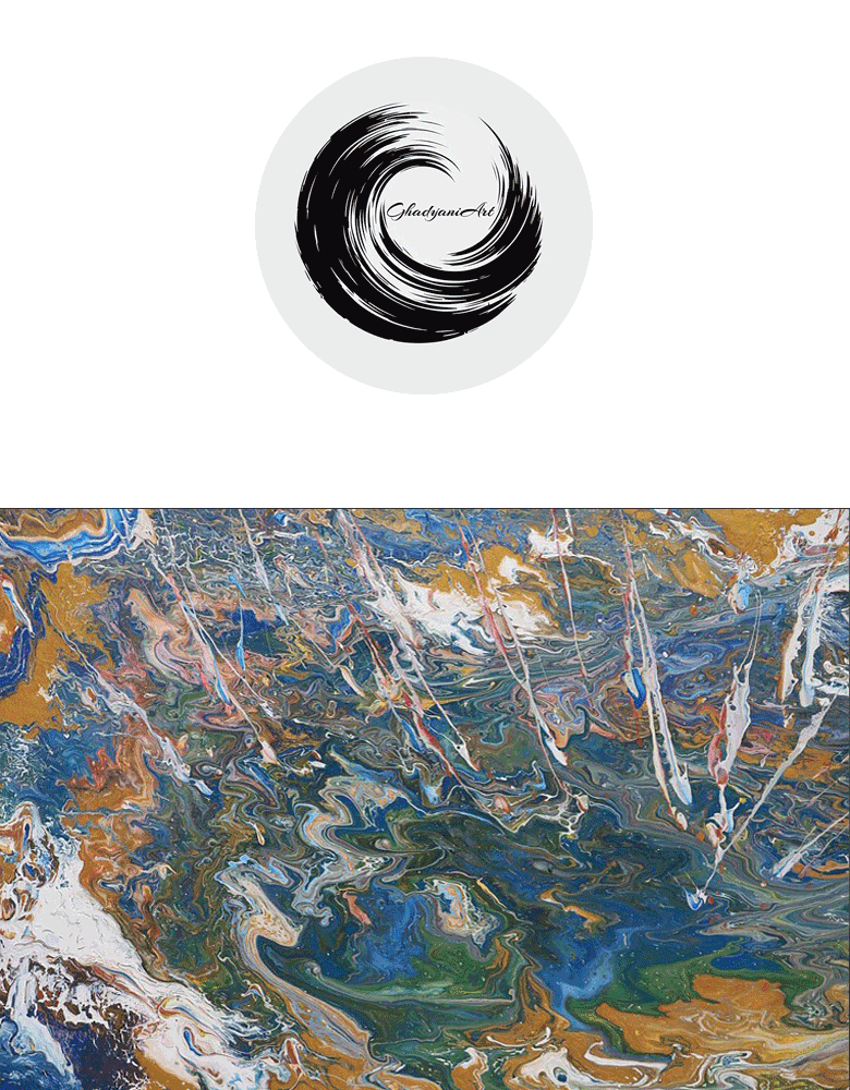Earth’s Melody" abstract oil painting by Abbas Ghadyani, featuring flowing blues, greens, golds, and whites with vertical streaks resembling rain or musical notes on a 70×100 cm canvas.