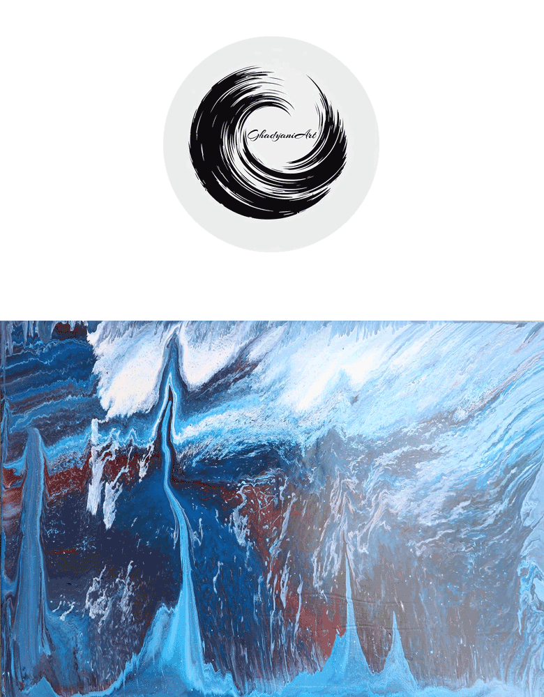 "Mystic Ice" abstract oil painting by Abbas Ghadyani, featuring icy blue tones, white contrasts, and subtle crimson highlights on a 70×100 cm canvas.