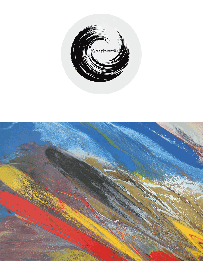 "Rainbow Mountains" abstract oil painting by Abbas Ghadyani, featuring bold red, yellow, blue, and earthy tones with diagonal strokes evoking the vibrancy of rainbow-colored mountains on a 70×100 cm canvas.