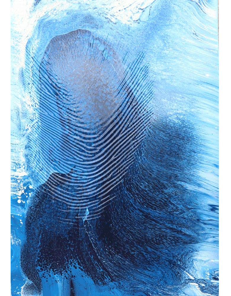 The Ocean’s Signature" abstract oil painting by Abbas Ghadyani, featuring a central fingerprint motif blending into dynamic blue ocean waves on a 60×90 cm canvas.