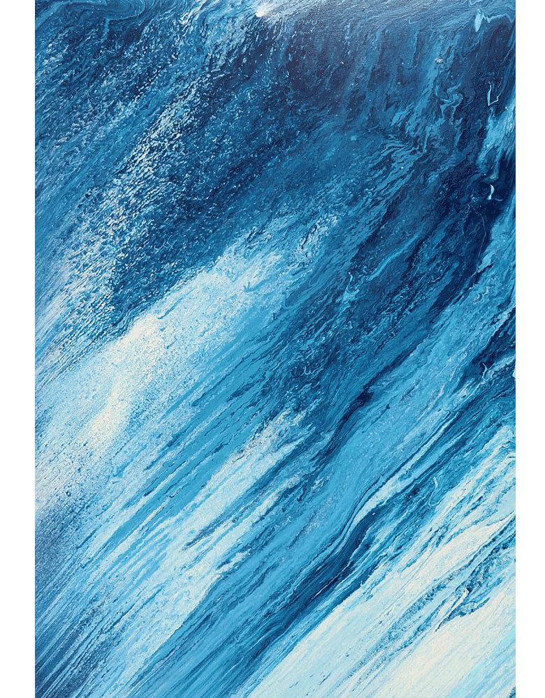 The Prayer of Waves" abstract oil painting by Abbas Ghadyani, featuring layered blue waves in motion on a 60×90 cm canvas.