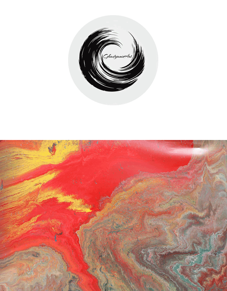 *"Volcanic Symphony" abstract oil painting by Abbas Ghadyani, featuring fiery red and yellow tones erupting outward like lava on a 70×100 cm canvas.